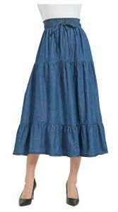 Tronjori Womens A Line Long Midi Denim Skirt Tired Pleated Layers Elastic Waist Front Drawstring, Denim Blue, X-Large