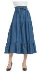 Tronjori Womens A Line Long Midi Denim Skirt Tired Pleated Layers Elastic Waist Front Drawstring, Denim Blue, X-Large