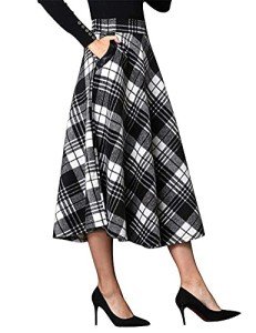 IDEALSANXUN Womens Plaid Wool Skirts Elastic Waist A-Line Pleated Tartan Long Skirts, Mid-calf Black&white, Medium