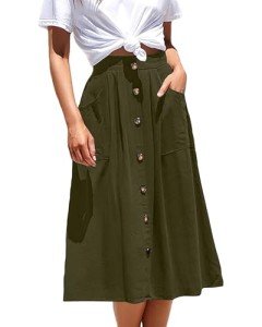 ZOYEESHINE Midi Skirt for Womens Trendy Casual Pleated Solid Skirts Button Front Flared Skirts with Pockets(Medium,A-Green)
