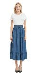 Tronjori Womens A Line Long Midi Denim Skirt Tired Pleated Layers Elastic Waist Front Drawstring, Denim Blue, X-Large