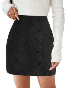 Feazac Corduroy Mini Skirt for Women Vintage High Waisted Button Casual A Line Skirt - Black, Large
