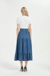 Tronjori Womens A Line Long Midi Denim Skirt Tired Pleated Layers Elastic Waist Front Drawstring, Denim Blue, X-Large