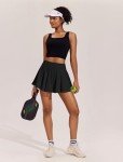 PINSPARK Women Pleated Tennis Skirt High Waist Golf Skorts with 2 Pockets Pickleball Skirts with Inner Shorts Black M