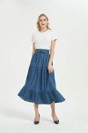 Tronjori Womens A Line Long Midi Denim Skirt Tired Pleated Layers Elastic Waist Front Drawstring, Denim Blue, X-Large