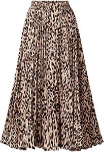 CHARTOU Womens Chic Elastic High Waisted A Line Leopard Print Pleated Shirring Midi-Long Skirt, Dark Yellow, XX-Large