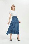 Tronjori Womens A Line Long Midi Denim Skirt Tired Pleated Layers Elastic Waist Front Drawstring, Denim Blue, X-Large