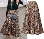 CHARTOU Womens Chic Elastic High Waisted A Line Leopard Print Pleated Shirring Midi-Long Skirt, Dark Yellow, XX-Large