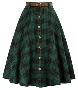 Belle Poque Women's Green Plaid Skirts Vintage Below Knee Length A-Line Long Skirts Christmas Skirts L