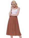 Kate Kasin Women's A Line Skirt High Waist Elastic Pleated Midi Skirt Flowy Swing Skirt Brown S KK659-5