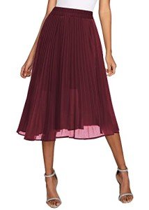 Urban CoCo Women's A Line Elastic Wasit Chiffon Midi Skirt Flare Pleated Skirts with Pockets (Wine red, XL)