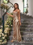Gold Floral Sequin V Neck Long Evening Dress