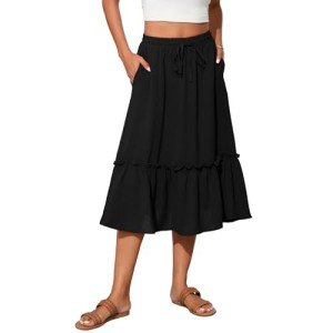 Witsmile Summer Skirts Midi Length Flowy Pleated Tiered Skirts for Women 2024 Dressy Casual(Black,L)