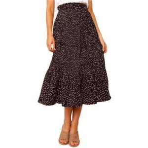 Oyamiki High Waist Skirt Casual Polka Dot Swing Pleated Skirts for Women Midi A Line Coffee Boho Skirt with Pockets, S