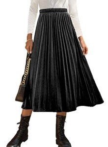 HERBATOMIA Women’s High Elastic Waist Black Skirt Pleated Long Casual A-Line Swings Midi Velvet Skirts for Women
