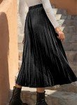HERBATOMIA Women’s High Elastic Waist Black Skirt Pleated Long Casual A-Line Swings Midi Velvet Skirts for Women