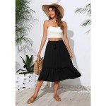 Witsmile Summer Skirts Midi Length Flowy Pleated Tiered Skirts for Women 2024 Dressy Casual(Black,L)
