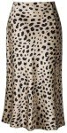 Soowalaoo Womens Leopard Print Skirt Midi Long Length Silk Satin High Waist Elastic Skirts, Leopard, X-Small