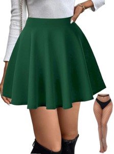 BemorRun Skirts for Women Basic Versatile Stretchy Flared Casual Mini Skirt with Fishnet Stockings Dark Green