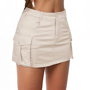 Women Cargo Skirts Y2k Mini Short Jean Skirts Bodycon Low Waist Denim Skirt with Pockets Casual Beige M