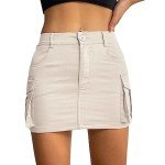 Women Cargo Skirts Y2k Mini Short Jean Skirts Bodycon Low Waist Denim Skirt with Pockets Casual Beige M