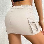 Women Cargo Skirts Y2k Mini Short Jean Skirts Bodycon Low Waist Denim Skirt with Pockets Casual Beige M