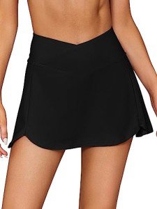 SHEKINI Women's High Waisted Swim Skirt Pleated Swimdress Liner with Pockets Swimsuits Bottoms (Black, Small)