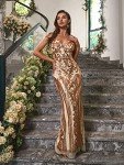 Gold Floral Sequin V Neck Long Evening Dress
