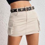Women Cargo Skirts Y2k Mini Short Jean Skirts Bodycon Low Waist Denim Skirt with Pockets Casual Beige M