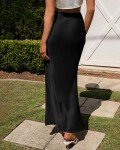 Outoshe Women's Satin High Waisted Maxi Skirts Hidden Elasticized Waistband A Line Long Skirt, Black, Small