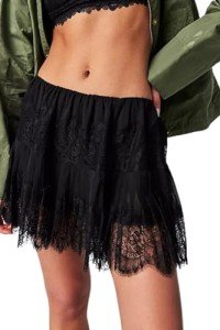 Women Y2k Lace Mini Skirt Low Rise Pleated Ruffle Half Slip Skirt Layered Flowy Short Skirt Streetwear, Black 02, Large
