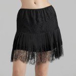 Women Y2k Lace Mini Skirt Low Rise Pleated Ruffle Half Slip Skirt Layered Flowy Short Skirt Streetwear, Black 02, Large