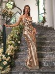 Gold Floral Sequin V Neck Long Evening Dress