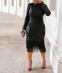 Sequin Long Sleeve Tassel Bodycon Midi Dress - Black