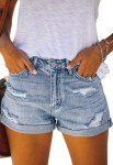 UECOOM Women's Denim Shorts Folded Hem Hot Pants Stretch Waisted Ripped Jeans Shorts for Casual Blue S