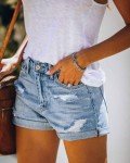 UECOOM Women's Denim Shorts Folded Hem Hot Pants Stretch Waisted Ripped Jeans Shorts for Casual Blue S
