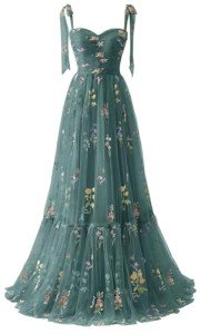 Teal Floral Embroidery Spaghetti Strap Prom Dress