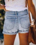 UECOOM Women's Denim Shorts Folded Hem Hot Pants Stretch Waisted Ripped Jeans Shorts for Casual Blue S