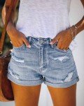UECOOM Women's Denim Shorts Folded Hem Hot Pants Stretch Waisted Ripped Jeans Shorts for Casual Blue S