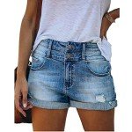 Bichingda Casual Denim Shorts for Women High Waist Frayed Hem Ripped Summer Jeans Short Hot Pants with Pockets, Light Blue, Small