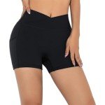 Darkterror Workout Shorts Women Spandex High Crossover Waist Gym Athletic Yoga Running with Pockets, Black, Medium