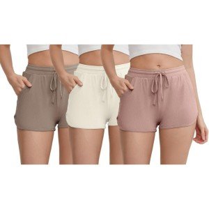 HEARTNICE 3-Pack Women's Soft Lounge Pajama Shorts, Casual Sleepwear for Yoga Gym Running Sleep(Khaki+Beige+Dusty Pink, M)