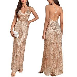 Beige Sequin V Neck Spaghetti Strap Maxi Dress
