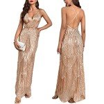 Beige Sequin V Neck Spaghetti Strap Maxi Dress