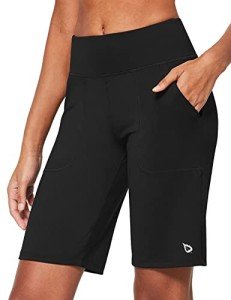 BALEAF Women's 10'' Athletic High-Waisted Bermuda Long Shorts Running Yoga Lounge Stretch Workout Pockets Black Size XL