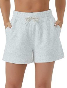 THE GYM PEOPLE Women's Drawstring Sweat Shorts High Waisted Summer Workout Lounge Shorts with Pockets Heather White