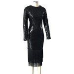 Sequin Long Sleeve Tassel Bodycon Midi Dress - Black
