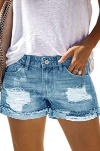 AOISAGULA Women's Denim Shorts Distressed Ripped Hot Pants Frayed Rolled Hem Vintage Short Jeans with Pockets Blue M