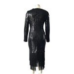 Sequin Long Sleeve Tassel Bodycon Midi Dress - Black