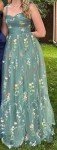Teal Floral Embroidery Spaghetti Strap Prom Dress